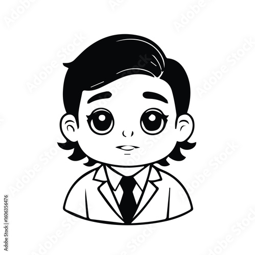 Young child wearing a business suit, looking thoughtfully at a blank space. Child executive in a formal setting. A monochrome illustration.