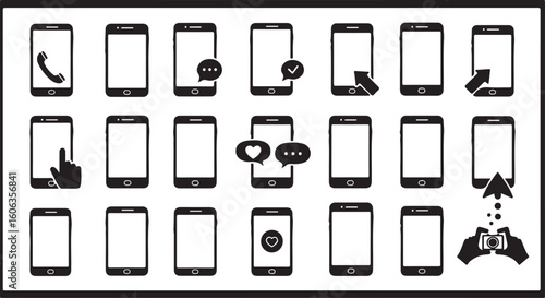 A comprehensive set of monochrome smartphone icons representing digital communication, user interface gestures, and social media interactions.