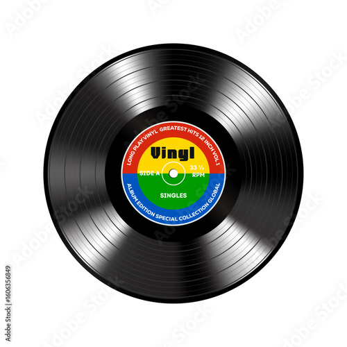 Long play vinyl record with colorful paper label isolated on a white background.	