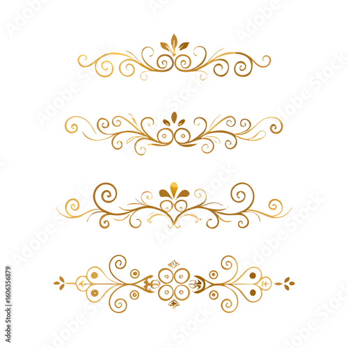 Collection of hand drawn golden text dividers. Calligraphic lines, vintage gold borders and wedding card breaks. Vector isolated flourish ink elements.
