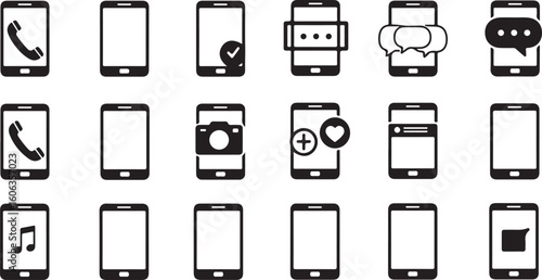 A comprehensive set of monochrome smartphone icons. This collection illustrates various mobile functions like calls, messaging, social media, and multimedia.