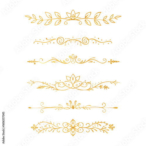 Collection of hand drawn golden text dividers. Calligraphic lines, vintage gold borders and wedding card breaks. Vector isolated flourish ink elements.
