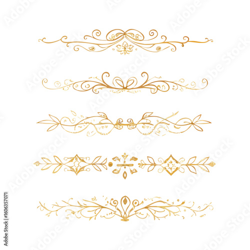 Collection of hand drawn golden text dividers. Calligraphic lines, vintage gold borders and wedding card breaks. Vector isolated flourish ink elements.
