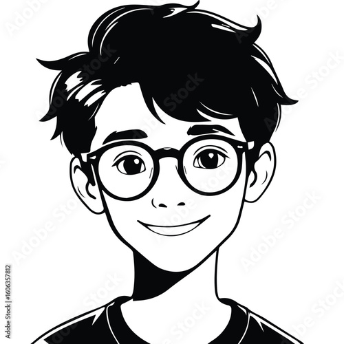 Smiling boy in glasses with dark hair, wearing a dark top. Friendly portrait of a student against a plain background. Child student in casual attire in a school setting -