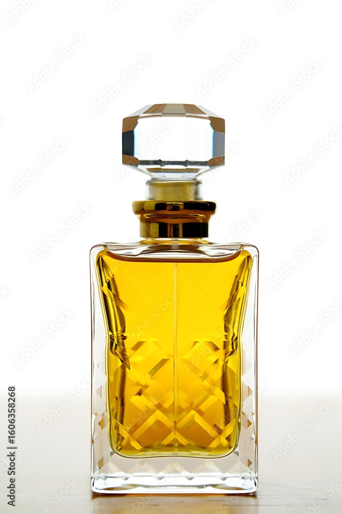 Elegant faceted crystal stoppered glass bottle filled with amber liquid image Elegant faceted crystal stoppered glass bottle filled with amber liquid image