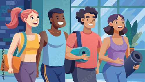 Diverse group of friends ready for a yoga class