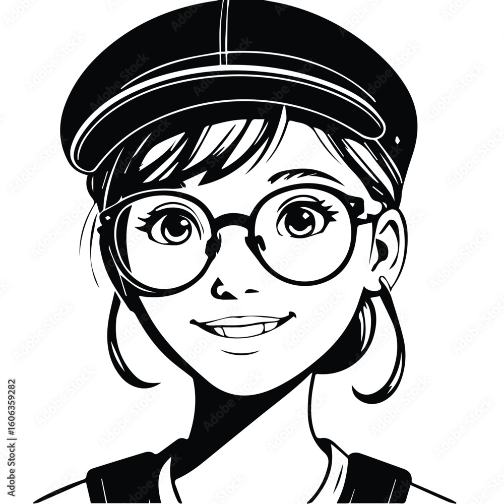 Fototapeta premium Young female student wearing glasses and a cap, smiling and looking upward. Smiling student in casual wear, against a white background. Teen student at school.