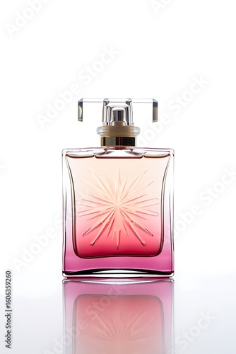 Rectangular glass perfume bottle with gradient pink liquid and etched starburst design image