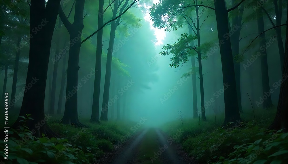 Fototapeta premium Enchanting forest path beckons with soft light, perfect for nature lovers seeking tranquility and scenic beauty