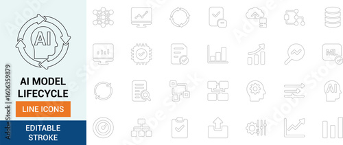 AI model lifecycle line icon set featuring training, testing, deployment, validation, data flow, automation, monitoring, and machine learning in thin editable stroke style.

