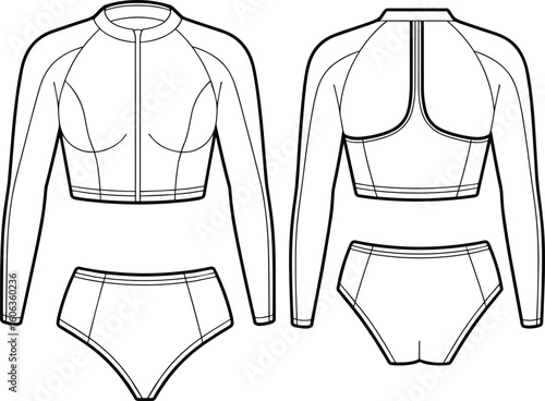 cad drawing flat vector illustration of women’s two-piece long sleeve swimsuit with zipper front, high waist bottom, and back cutout