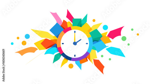 Colorful clock with geometric shapes and vibrant colors surrounding it on a white background art