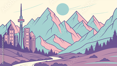 Pastel cityscape nestled between mountains with a winding river and a bright circular sun above