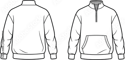 cad drawing flat vector illustration of unisex quarter zip sweatshirt with kangaroo pocket, ribbed hem, cuffs, and relaxed fit