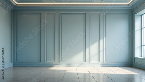 Classic Blue Interior with Paneled Walls and Sunlight, Tranquil Empty Room in Pastel Blue Hues