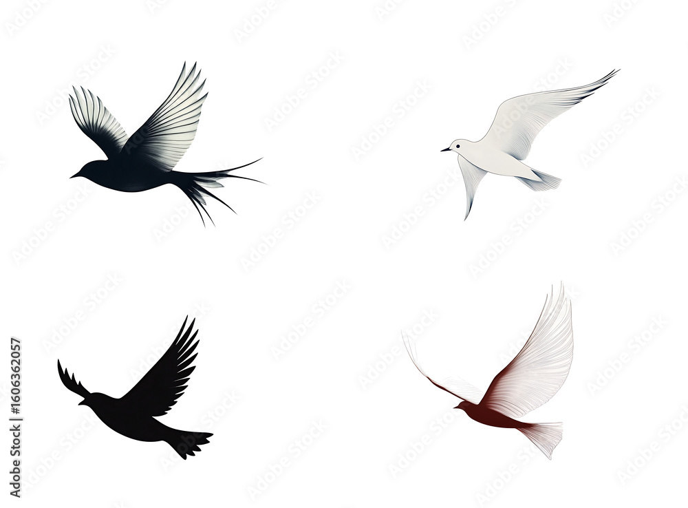 Fototapeta premium Four Birds in Flight Black White Brown and Gray Avian Silhouettes Isolated on Transparent Background