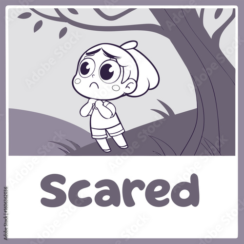 Cartoon illustration of a scared child expressing anxiety and fear in a moody atmosphere with a background of trees.
