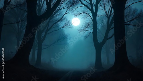 Eerie full moon illuminates misty path through dark forest with spooky atmosphere and shadowy trees