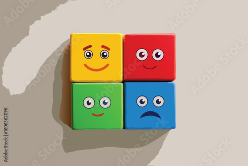 Colorful blocks with emoji faces representing diverse emotions of happiness sadness and other feelings expressed visually
