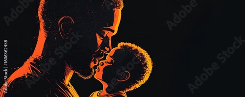 Illustration of an African-American father with his little son on a black background, celebrating the bond between father and child, Generative AI