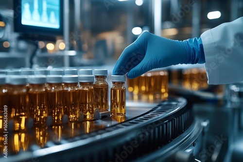 Pharmaceutical scientist inspecting medical vials, illustrating AI-assisted precision in mass production of medication, Generative AI