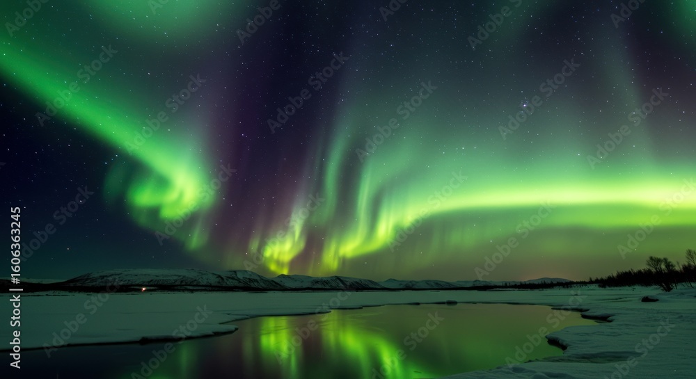 Fototapeta premium Majestic Aurora Borealis Reflecting on Frozen Lake
