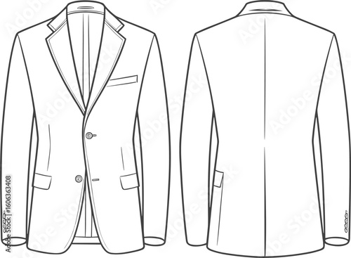 Formal men’s blazer flat sketch, technical fashion illustration, front and back view, cad vector template, tailored jacket design drawing