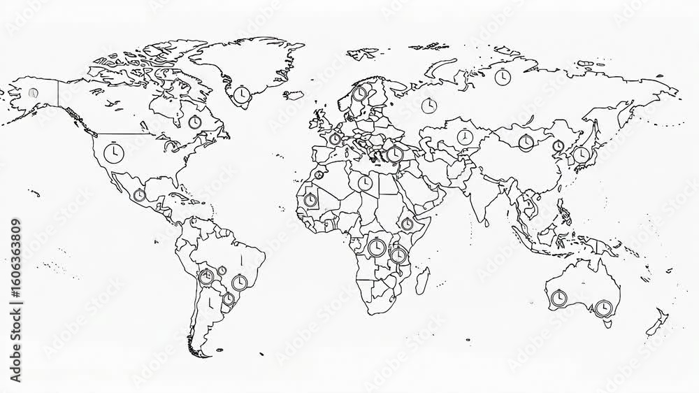 World Map with Time Zones Depicted by Clocks. Stock Video | Adobe Stock