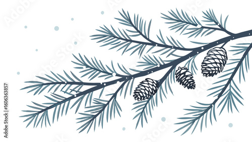 Artistic depiction of a pine branch with cones and subtle snowfall elements with a wintery and festive themed design.