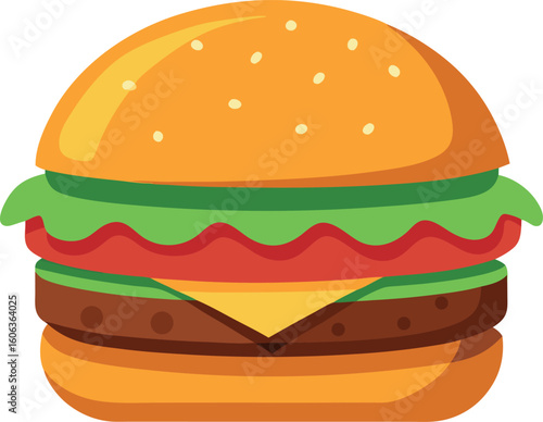 Vector art of a mouthwatering hamburger with all the fixings, including a juicy beef patty, fresh lettuce, ripe tomato, and melted cheese, isolated on white