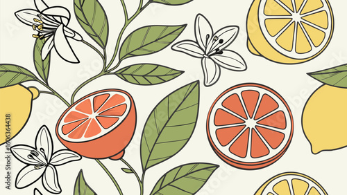 Elegant seamless pattern featuring citrus fruits and delicate floral elements on a light background, suitable for various creative design applications and decor
