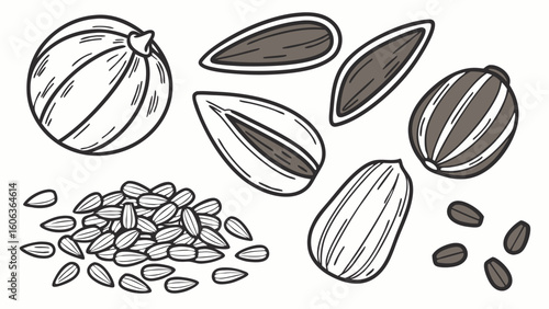Hand drawn style illustration of various sunflower seed elements including a sunflower head and seeds in diverse shapes for your design concepts.