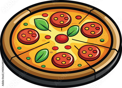 Vector art of a mouthwatering cartoon pizza featuring pepperoni, green peppers, and basil leaves is displayed from a topdown perspective