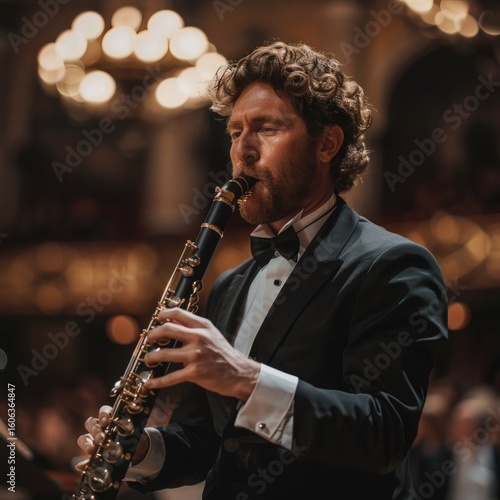 The clarinetist plays attentively on the stage, with a gentle melody reverberating in the air