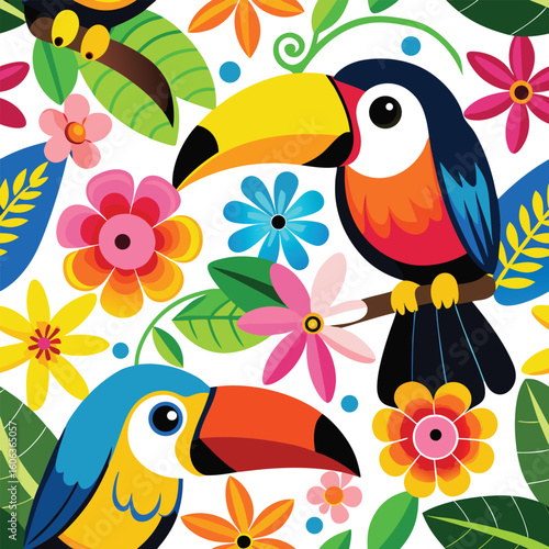 Tropical toucan birds amidst colorful flowers and foliage on a white background creating a vibrant seamless pattern for design projects.