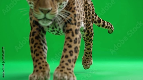 A jaguar walking towards the viewer on a green screen looking directly at the camera with intensity green screen animal video