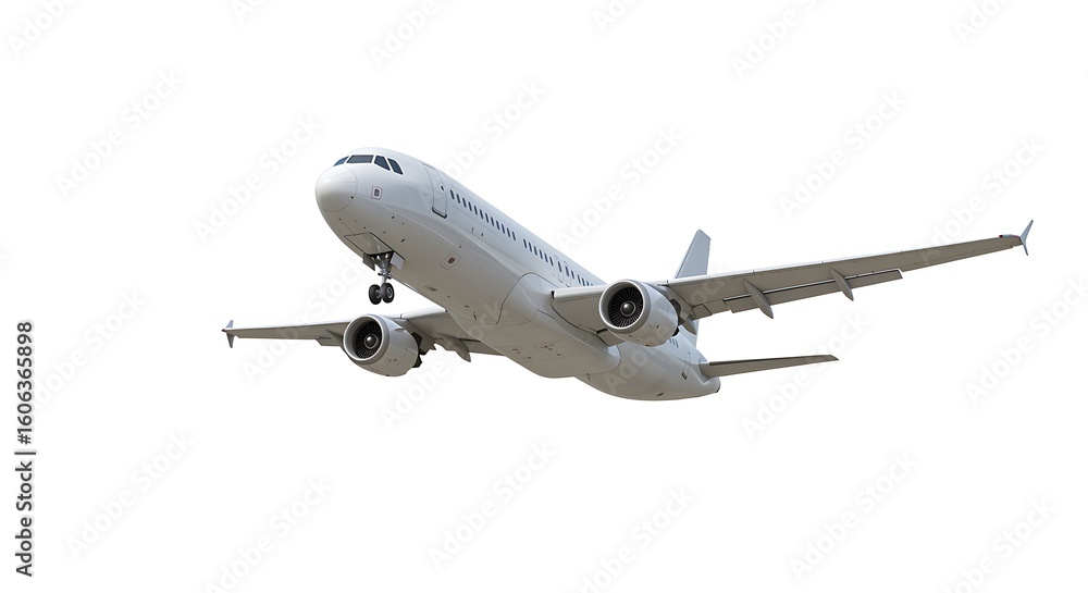 Fototapeta premium A white airplane with landing gear extended is flying against a bright white background in the sky view