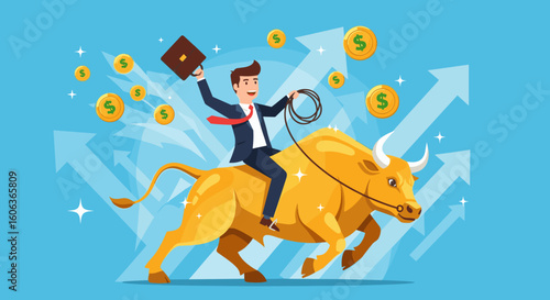 businessman riding golden bull stock market success investment growth financial concept illustration