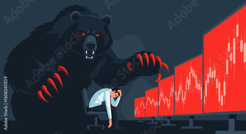 bear market concept: investor facing financial crisis with falling stock charts in dark setting