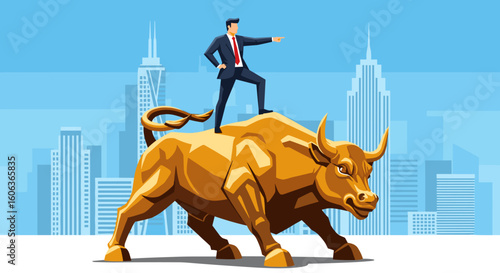 businessman riding gold bull stock market concept in new york city illustration