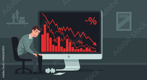 depressed businessman facing financial crisis looking at falling stock market graph on computer 