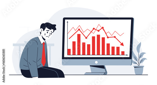 businessman distressed by financial crisis, looking at a falling graph on a computer screen, office 