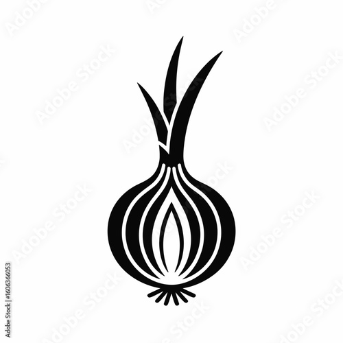 Stylized black and white illustration of a cut onion with green sprouts