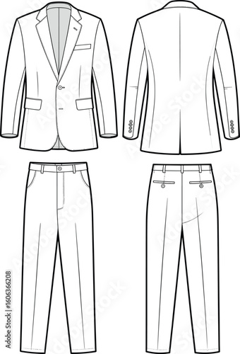 Men's suit technical flat sketch with front and back views, formal blazer and pants cad drawing for fashion design projects