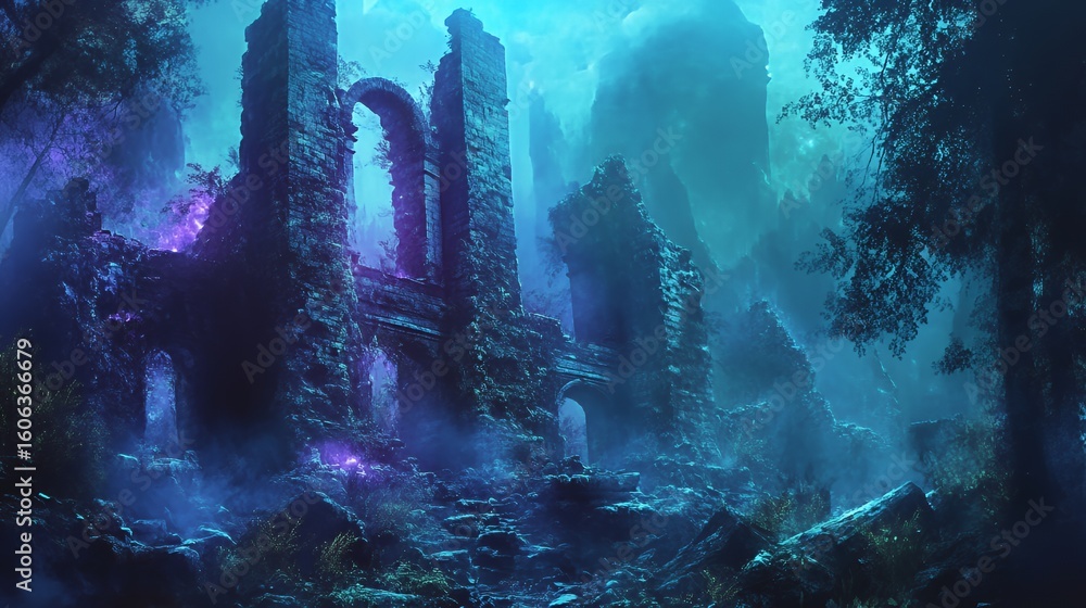 Fototapeta premium Enigmatic Ruins Within A Mystical Blue Forest
