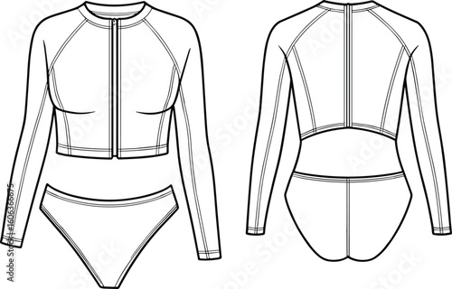 Technical flat sketch of women's zip front rash guard bikini set, long sleeve swimwear top and high-cut bottom illustration