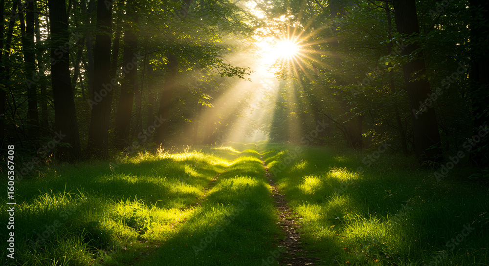 Fototapeta premium ForestSunlightSunbeamsLight raysNatureWoodsPathTrailGrassTreesGreenMorning (or Golden hour)EtherealPeacefulSereneNatural beautyPathway