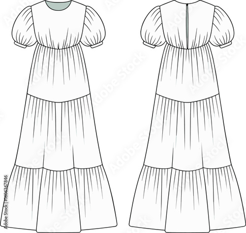 Tiered puff sleeve long dress flat sketch, elegant gathered maxi dress cad vector illustration for fashion design and sewing pattern