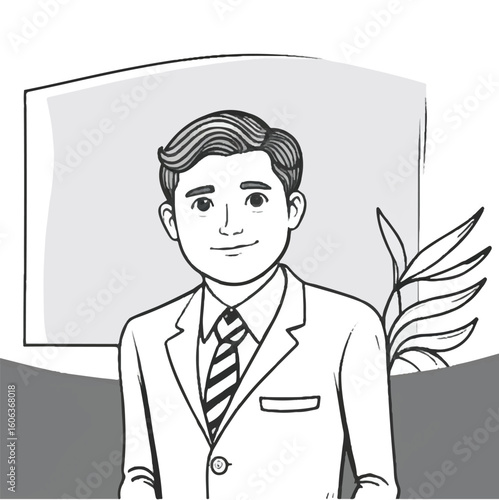 Young male professional in business attire standing in an office setting. Portrait view of a man in a suit, in a formal pose, with a neutral expression.
