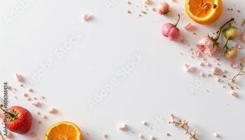 Fruit and Floral Flat Lay on White